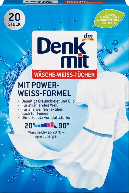 Серветки для прання білої білизни Denkmit 20 шт. - побутова хімія для пральних машин Denkmit