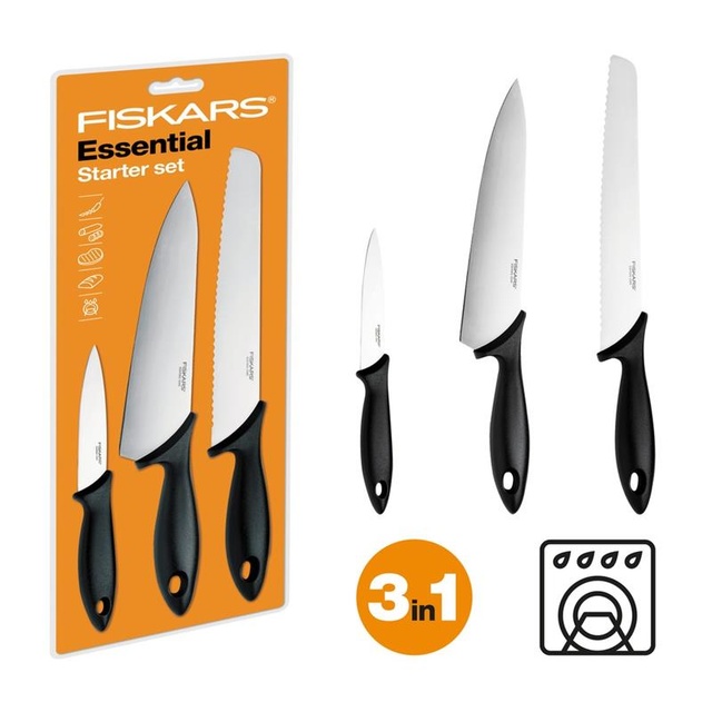 Набір ножів Fiskars Essential Starter, 3шт, нержавіюча сталь, пластик, чорний
