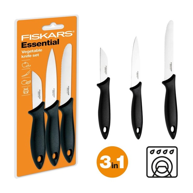 Набір ножів для чистки Fiskars Essential, 3шт, нержавіюча сталь, пластик, чорний