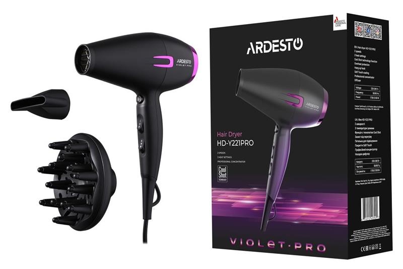 Фен Ardesto Violet PRO HD-Y221PRO ,1750-2100Вт, 2 швидкості, 3темп.режими,дифузор, чорний