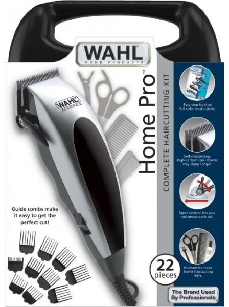 Машинка для стрижки WAHL HomePro, від мережі, вібраційний мотор, насадок-8, кейс,ножиці, гребінець в компл, сталь, чорно-сріблястий