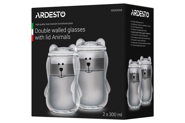 Набір чашок з кришкою з подвійними стінками Ardesto Animals, 300мл, 2шт, боросилікатне скло, прозорий