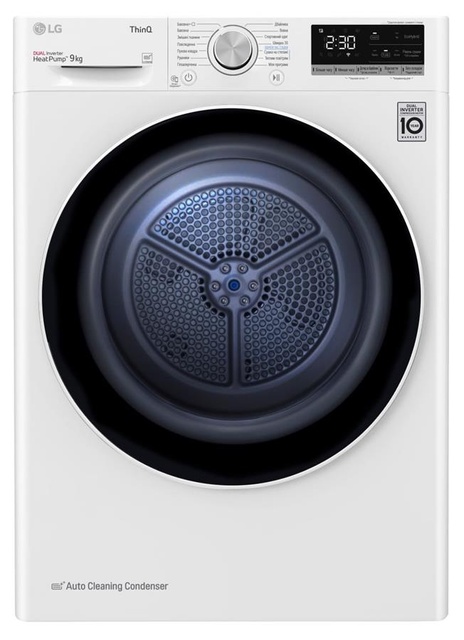 Сушильна машина LG тепловий насос, 9кг, A++, 69см, дисплей, автоматичне очищення конденсатора, білий
