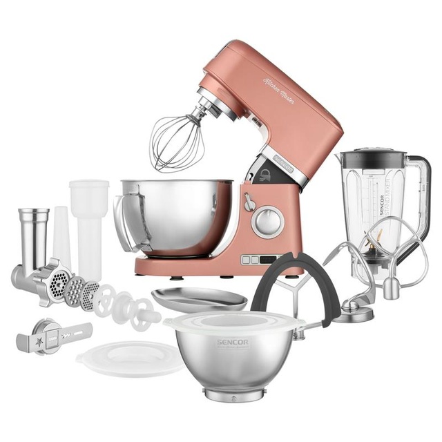 Кухонна машина Sencor 1000Вт, чаша-метал, корпус-метал/пластик, насадок-15, рожевий