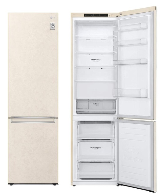 Холодильник LG з нижн. мороз., 203x60х68, холод.відд.-277л, мороз.відд.-107л, 2дв., А++, NF, інв., диспл внутр., зона св-ті, бежевий