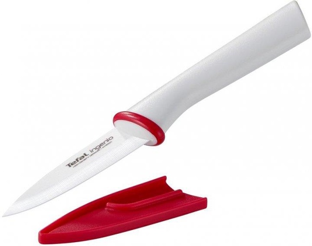 Кухонний ніж для чищення овочів Tefal Ingenio Ceramic White, з чохлом, 8см, кераміка, біло-червоний