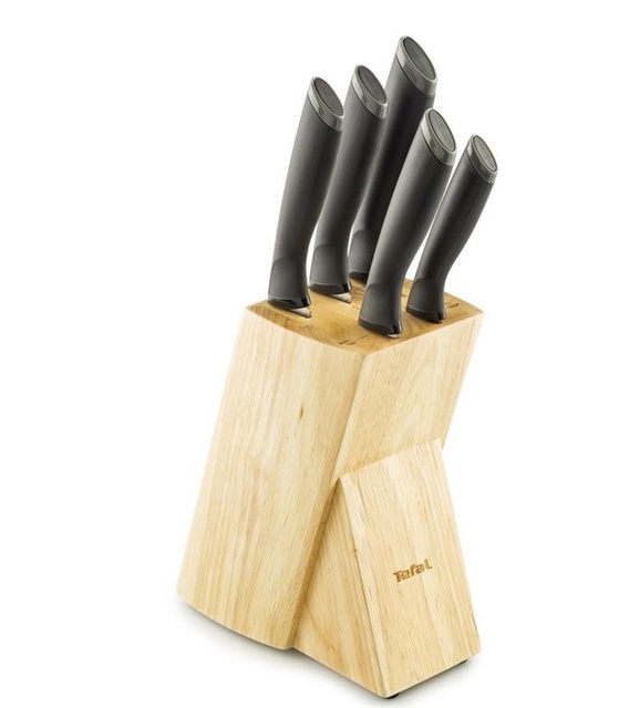 Набір ножів Tefal Comfort, з дерев’яною підставкою, 5шт. нержавіюча сталь, пластик, дерево, чорний