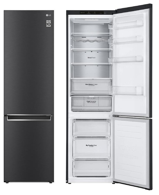 Холодильник LG з нижн. мороз., 203x60х68, холод.відд.-277л, мороз.відд.-107л, 2дв., А++, NF, інв., диспл внутр., зона св-ті, Metal Fresh, чорний матовий