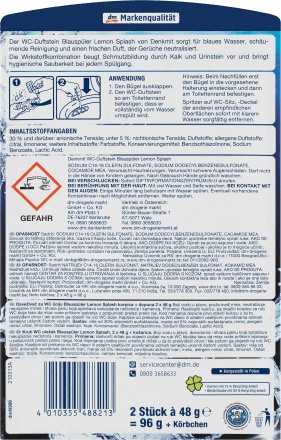 Подвесные таблетки для унитаза Denkmit WC Blauspüler Lemon Splash 2 шт 4010355488213, 90 г – бытовая химия для унитазов Denkmit