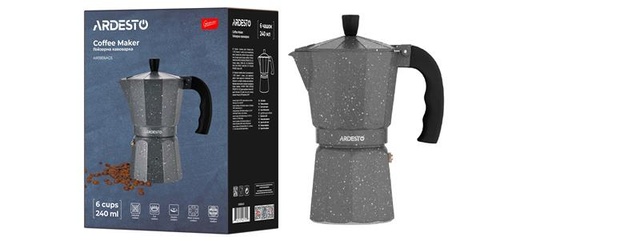 Гейзерна кавоварка Ardesto Gemini Molise, 0.24л, 6 чашок, алюміній, сірий