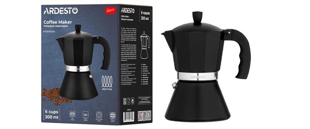 Гейзерна кавоварка Ardesto Gemini Trento, 0.3л, 6 чашок, алюміній, чорний
