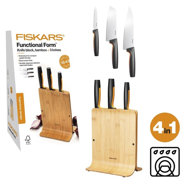 Набір ножів Fiskars Functional Form, бамбукова підставка, 3шт, нержавіюча сталь, пластик, бамбук, чорний
