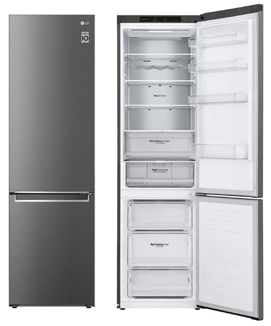 Холодильник LG з нижн. мороз., 203x60х68, холод.відд.-277л, мороз.відд.-107л, 2дв., А++, NF, інв., диспл внутр., зона св-ті, Metal Fresh, сірий темний