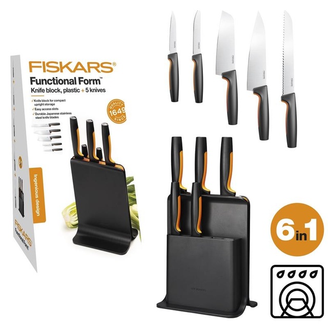 Набір ножів Fiskars Functional Form, пластикова підставка, 5шт, нержавіюча сталь, пластик, чорний