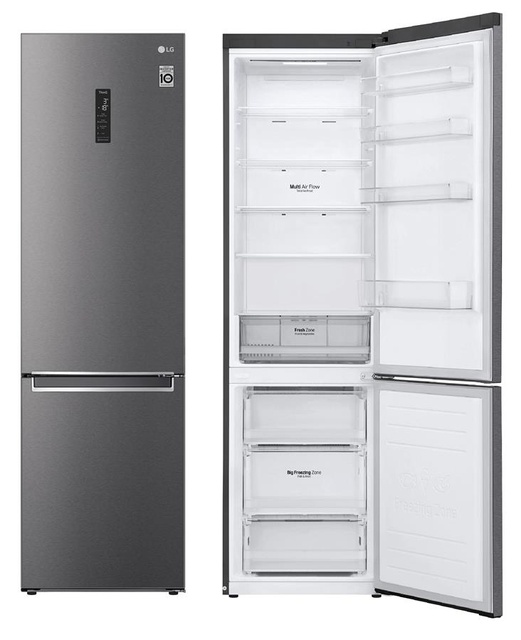 Холодильник LG з нижн. мороз., 203x60х68, холод.відд.-277л, мороз.відд.-107л, 2дв., А++, NF, інв., диспл зовн., зона св-ті, сірий темний
