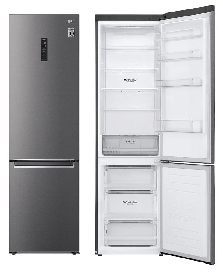 Холодильник LG з нижн. мороз., 203x60х68, холод.відд.-277л, мороз.відд.-107л, 2дв., А++, NF, інв., диспл зовн., зона св-ті, сірий темний